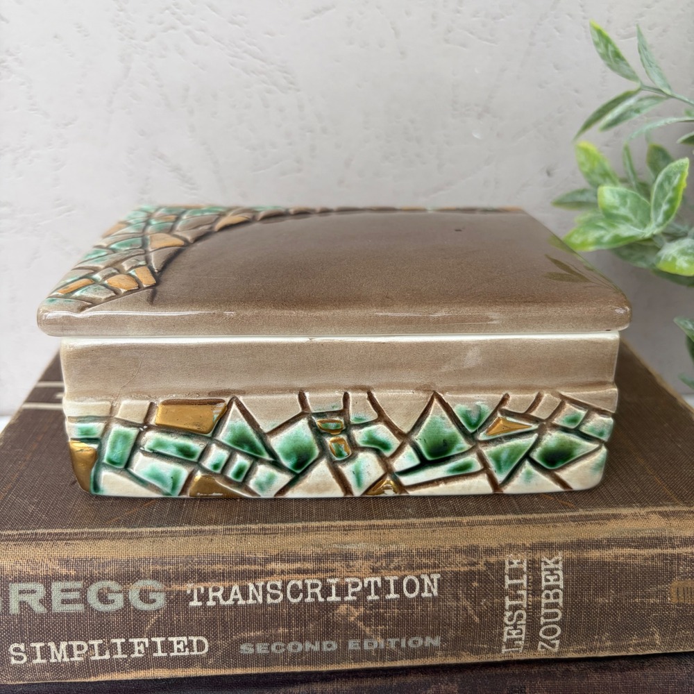 Vintage Ucagco Japan Ceramic Trinket Box Mosaic Gold Green Brown Mid Century PY